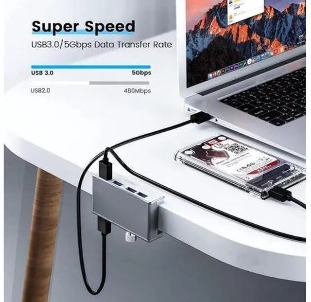 Alt view image 5 of 7 - USB 3.0 Hub, USB Hub Clamp, Aluminum 4-Port USB Splitter with 4.92 FT USB Data Cable, Desktop Powered USB Hub for Monitors/Desks-Silver (Without Power Adapter)