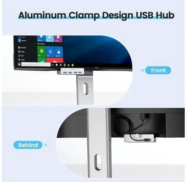 Alt view image 6 of 7 - USB 3.0 Hub, USB Hub Clamp, Aluminum 4-Port USB Splitter with 4.92 FT USB Data Cable, Desktop Powered USB Hub for Monitors/Desks-Silver (Without Power Adapter)