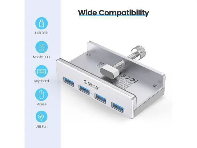 Alt view image 3 of 7 - USB 3.0 Hub, USB Hub Clamp, Aluminum 4-Port USB Splitter with 4.92 FT USB Data Cable, Desktop Powered USB Hub for Monitors/Desks-Silver (Without Power Adapter)