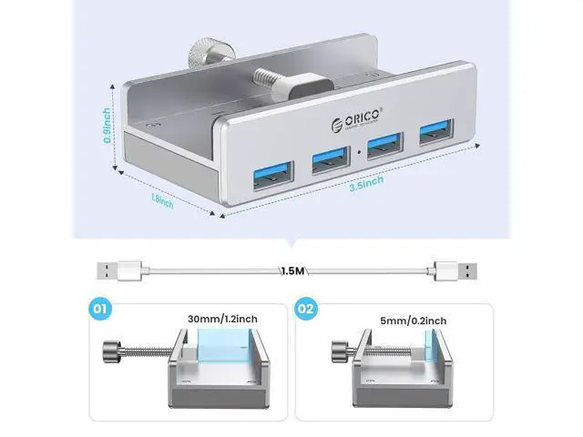 Alt view image 7 of 7 - USB 3.0 Hub, USB Hub Clamp, Aluminum 4-Port USB Splitter with 4.92 FT USB Data Cable, Desktop Powered USB Hub for Monitors/Desks-Silver (Without Power Adapter)