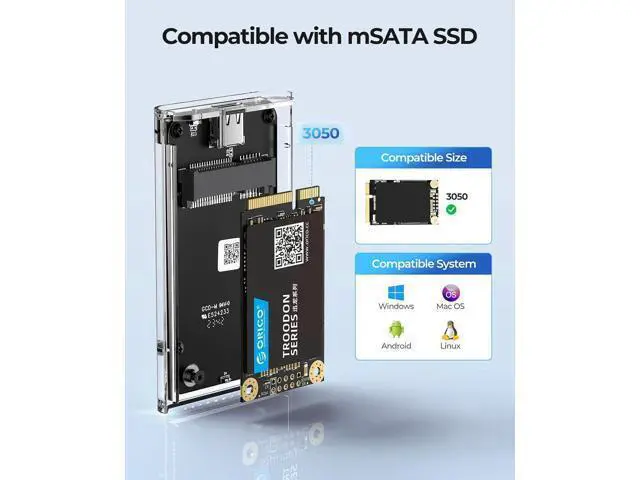 Alt view image 2 of 7 - USB 3.0 mSATA SSD Enclosure, 5Gbps Transparent External SSDs Adapter with USB-C to C/A Cable, UASP & Trim Support, Up to 2TB Capacity, Portable PC Case for 3050 mSATA Solid State Drive- TC10