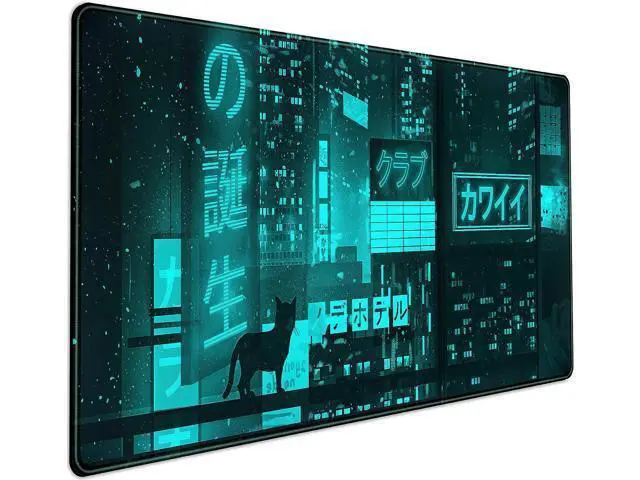Main image of Cyan Green Japanese Desk Mat Neon Tokyo Extended Mouse Pad Anime Cat Desk Pad Gaming Mousepad XXL Large Keyboard Mat for Gamers Cool Computer Mat for Desk with Stitched Edges 31.5X15.7 in