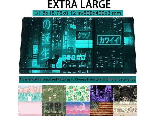 Alt view image 3 of 6 - Cyan Green Japanese Desk Mat Neon Tokyo Extended Mouse Pad Anime Cat Desk Pad Gaming Mousepad XXL Large Keyboard Mat for Gamers Cool Computer Mat for Desk with Stitched Edges 31.5X15.7 in