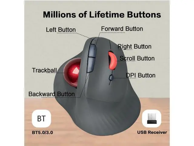 Alt view image 3 of 7 - Dual Mode Wireless Vertical Computer Trackball Mouse, Ergonomic Bluetooth Thumb-Control Mouse with Quiet Clicks Ergonomic Design Adjustable CPI ,Built-in 500mAh Battery Rechargeable for PC/Mac/Laptop