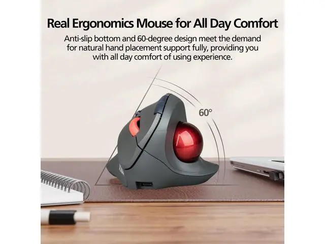 Alt view image 5 of 7 - Dual Mode Wireless Vertical Computer Trackball Mouse, Ergonomic Bluetooth Thumb-Control Mouse with Quiet Clicks Ergonomic Design Adjustable CPI ,Built-in 500mAh Battery Rechargeable for PC/Mac/Laptop