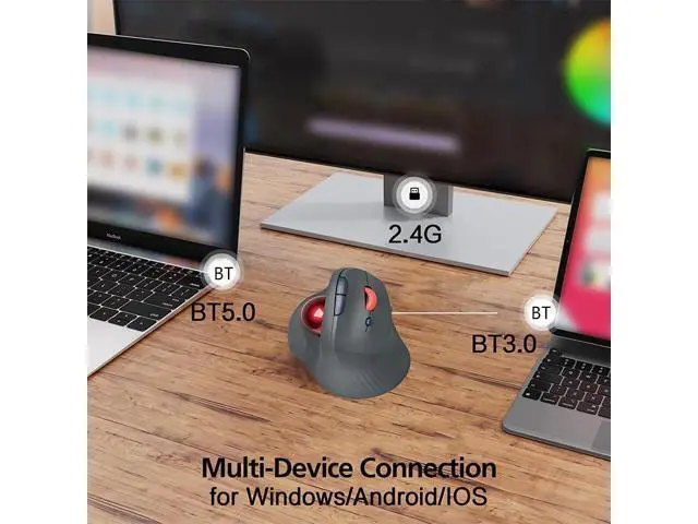 Alt view image 4 of 7 - Dual Mode Wireless Vertical Computer Trackball Mouse, Ergonomic Bluetooth Thumb-Control Mouse with Quiet Clicks Ergonomic Design Adjustable CPI ,Built-in 500mAh Battery Rechargeable for PC/Mac/Laptop