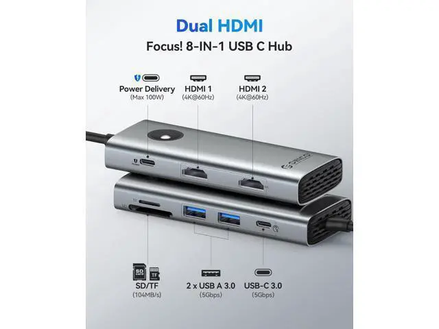 Alt view image 2 of 7 - USB C Docking Station Dual Monitor, 8-in-1 Laptop Docking Station with 2 HDMI 4K@60Hz, 100W PD, USB-A&C 3.0, SD/TF, USB C Dock Compatible with MackBook/Dell XPS/HP/Surface