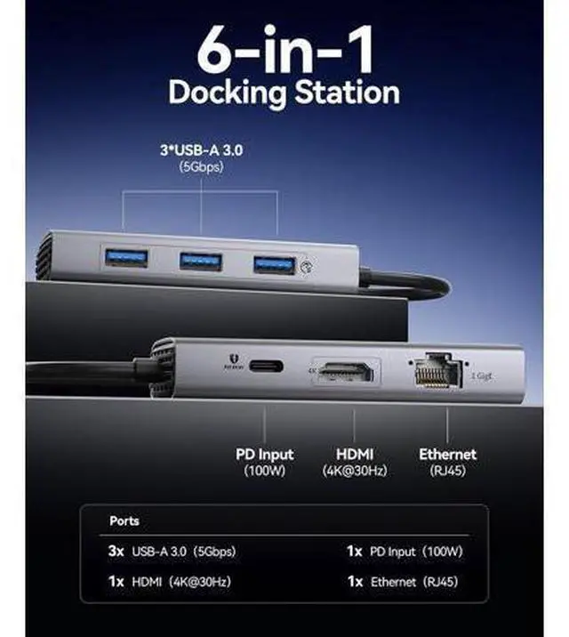 Alt view image 2 of 7 - USB C Docking Station, 6-in-1 Laptop Docking Station with HDMI 4K@30Hz, 1000Mbps Ethernet, 100W PD, 3xUSB-A 3.0, USB C Dock Compatible with MackBook/Dell XPS/HP/Surface