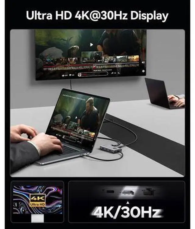 Alt view image 4 of 7 - USB C Docking Station, 6-in-1 Laptop Docking Station with HDMI 4K@30Hz, 1000Mbps Ethernet, 100W PD, 3xUSB-A 3.0, USB C Dock Compatible with MackBook/Dell XPS/HP/Surface