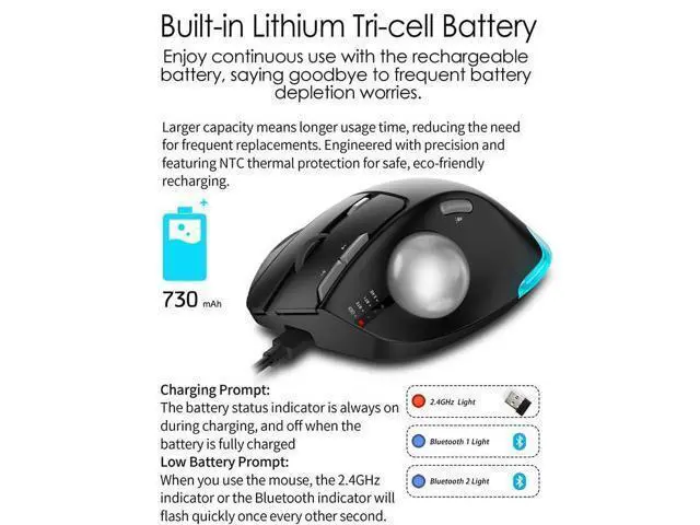 Alt view image 7 of 7 - Ergonomic Wireless Computer Trackball USB Mouse with 4800 DPI/7 Programmable Buttons, Thumb Control Mice,3 Device Connection (Bluetooth or USB Receiver) for PC, Laptop, Mac, Windows.(Black)