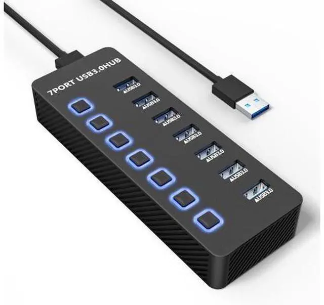 Main image of USB Hub 3.0 7 Port USB Data Hub Splitter with LED Individual On/Off Switches and Lights 5Gbps High Speed USB Port Expander for MacBook Mac Pro Mac Mini iMac Surface Pro XPS PC