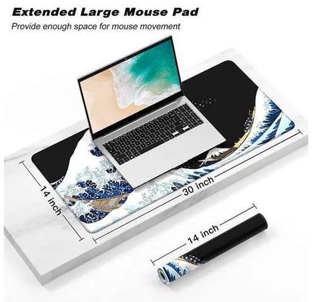 Alt view image 2 of 7 - Extended Gaming Mouse Pad, Xxl Large Desk Pad 30 X 14 Inch, Big Computer Keyboard Mousepad, Waterproof Mouse Mat With Stitched Edges And Non-Slip Base For Women Office Gaming, Sea Waves