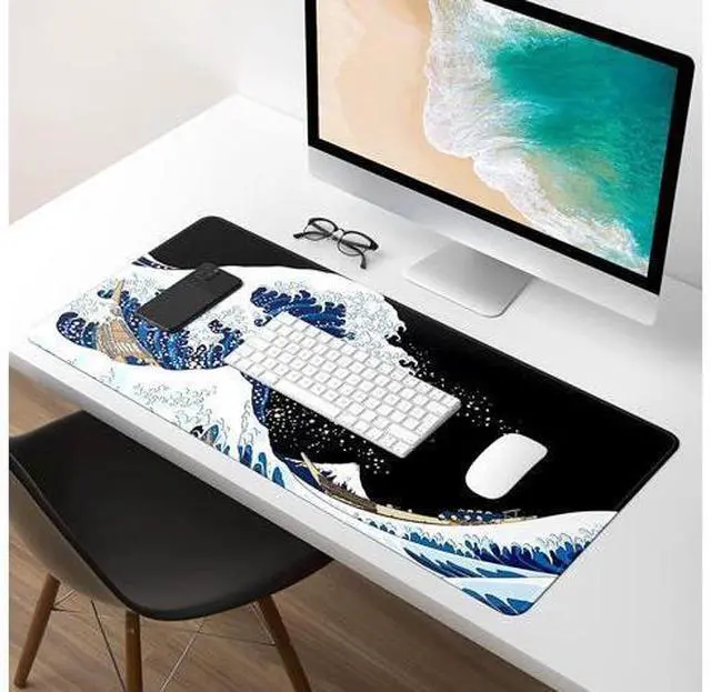 Alt view image 7 of 7 - Extended Gaming Mouse Pad, Xxl Large Desk Pad 30 X 14 Inch, Big Computer Keyboard Mousepad, Waterproof Mouse Mat With Stitched Edges And Non-Slip Base For Women Office Gaming, Sea Waves