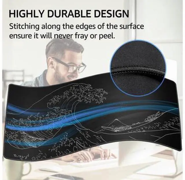 Alt view image 3 of 6 - Large Gaming Mouse Pad with Stitched Edges, Extended Mousepad with Superior Micro-Weave Cloth, Non-Slip Base, Water Resist Keyboard Pad for Gamer, Office & Home, 31.5x15.7in, Kanagawa Wave