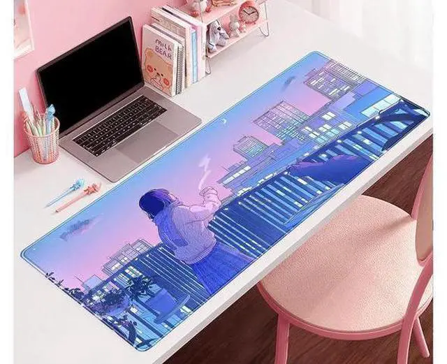 Alt view image 2 of 6 - Purple Anime Kawaii Desk Mat Mousepad Cute Cat XXL Large Gaming Japanese Girly Aesthetic Mouse Pad Tokyo Street Desk Mat 31.5x15.75 in Girl Gamer Desktop Mat Computer Laptop Keyboard Mouse Mat