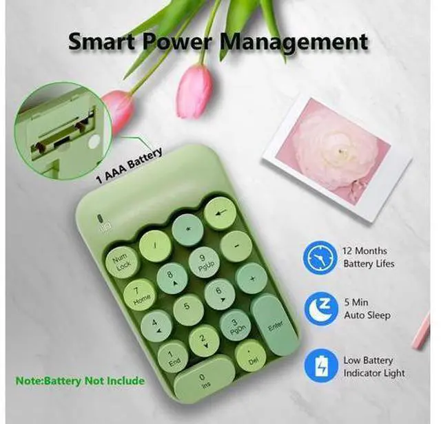 Alt view image 4 of 5 - Seaciyan Wireless Number Pad, Ergonomic Cute Colorful Retro Mini Portable Numeric Keypad, 2.4G Cordless External Keyboard for Computer, Laptop (Green)