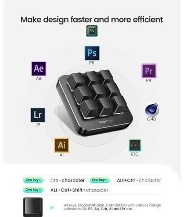 Alt view image 6 of 7 - One-Handed Mechanical Keyboard Support NKRO, Hotkeys, One-Click Start,9 Fully Programmable Keys with Floating Window and Macro Multifunctional Keypad Compatible with iOS,Windows