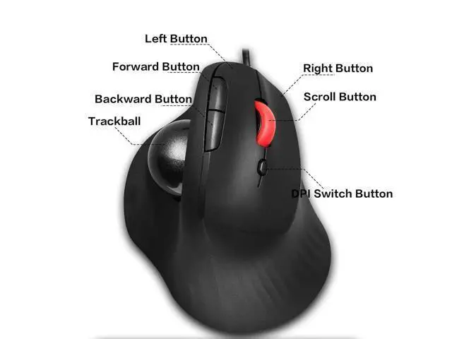 Alt view image 3 of 7 - Wired Trackball Mouse 6-Button Ergonomic Design with CPI Switch (400/800/1200/1600), Red LED Indicator, 250Hz Polling Rate, Plug & Play, for PC, Laptop, Desktop (Black)