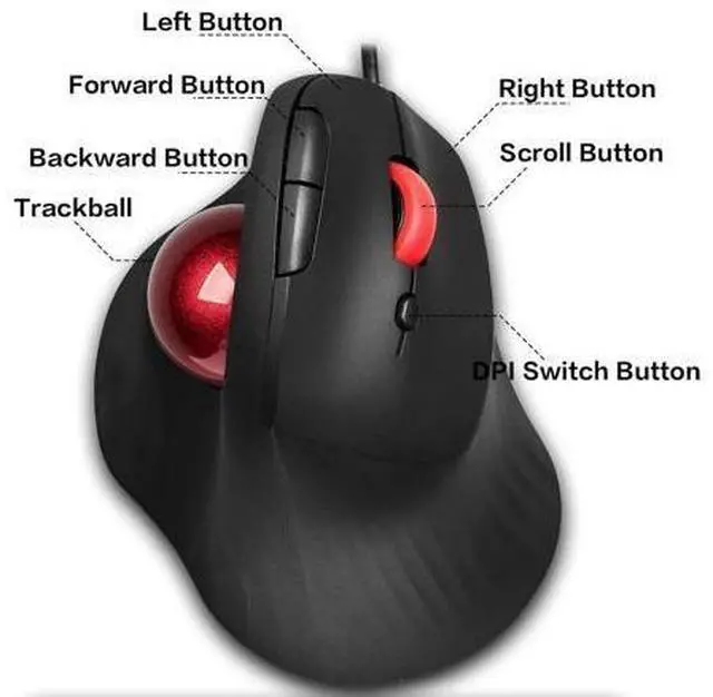 Alt view image 3 of 7 - Wired Trackball Mouse 6-Button Ergonomic Design with CPI Switch (400/800/1200/1600), Red LED Indicator, 250Hz Polling Rate, Plug & Play, for PC, Laptop, Desktop (Red)