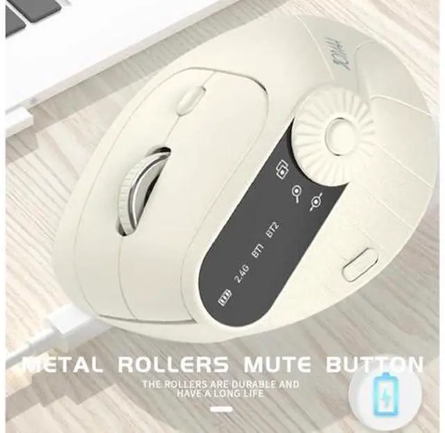 Alt view image 3 of 7 - Wireless 2.4G & Dual Bluetooth Three-Channel Ergonomic Vertical Mouse Adjustable DPI, Multi-Function Turntable for PC, Laptop, MacBook, Rechargeable (Beiga)