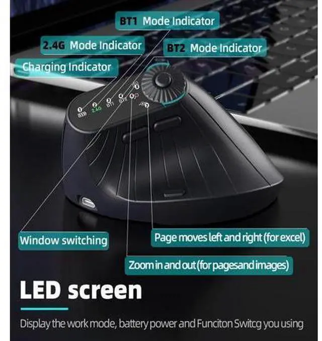 Alt view image 2 of 7 - Wireless 2.4G & Dual Bluetooth Three-Channel Ergonomic Vertical Mouse Adjustable DPI, Multi-Function Turntable for PC, Laptop, MacBook, Rechargeable (Black)