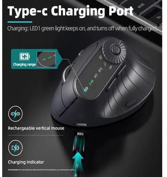 Alt view image 3 of 7 - Wireless 2.4G & Dual Bluetooth Three-Channel Ergonomic Vertical Mouse Adjustable DPI, Multi-Function Turntable for PC, Laptop, MacBook, Rechargeable (Black)