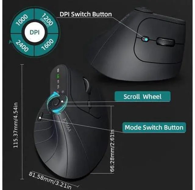 Alt view image 6 of 7 - Wireless 2.4G & Dual Bluetooth Three-Channel Ergonomic Vertical Mouse Adjustable DPI, Multi-Function Turntable for PC, Laptop, MacBook, Rechargeable (Black)