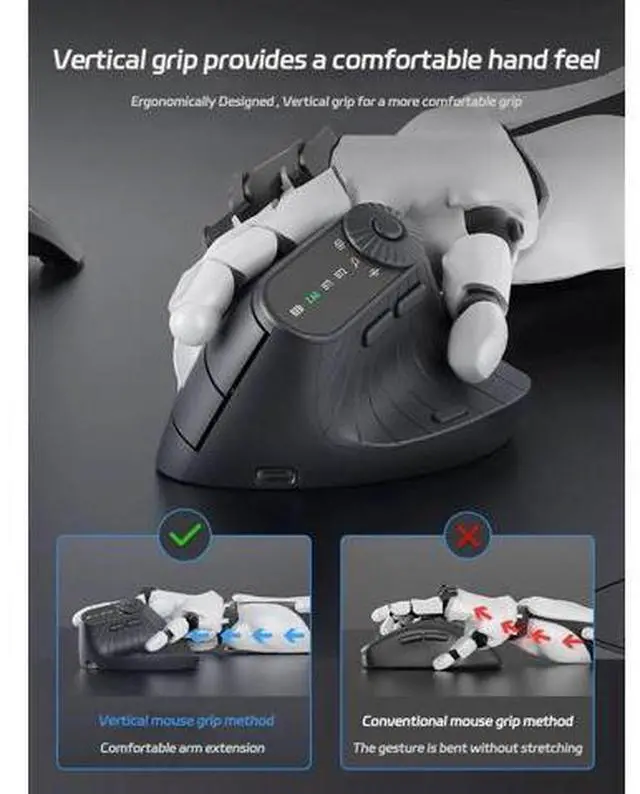 Alt view image 7 of 7 - Wireless 2.4G & Dual Bluetooth Three-Channel Ergonomic Vertical Mouse Adjustable DPI, Multi-Function Turntable for PC, Laptop, MacBook, Rechargeable (Black)