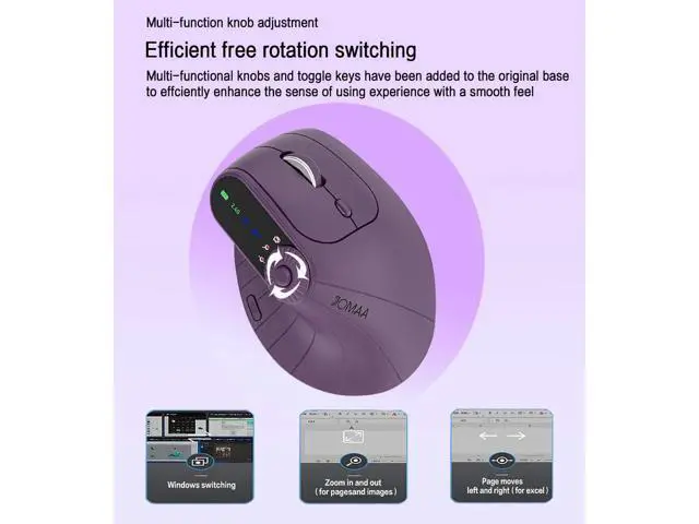 Alt view image 2 of 7 - Wireless 2.4G & Dual Bluetooth Three-Channel Ergonomic Vertical Mouse Adjustable DPI, Multi-Function Turntable for PC, Laptop, MacBook, Rechargeable (Purple)