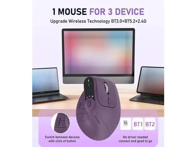 Alt view image 3 of 7 - Wireless 2.4G & Dual Bluetooth Three-Channel Ergonomic Vertical Mouse Adjustable DPI, Multi-Function Turntable for PC, Laptop, MacBook, Rechargeable (Purple)