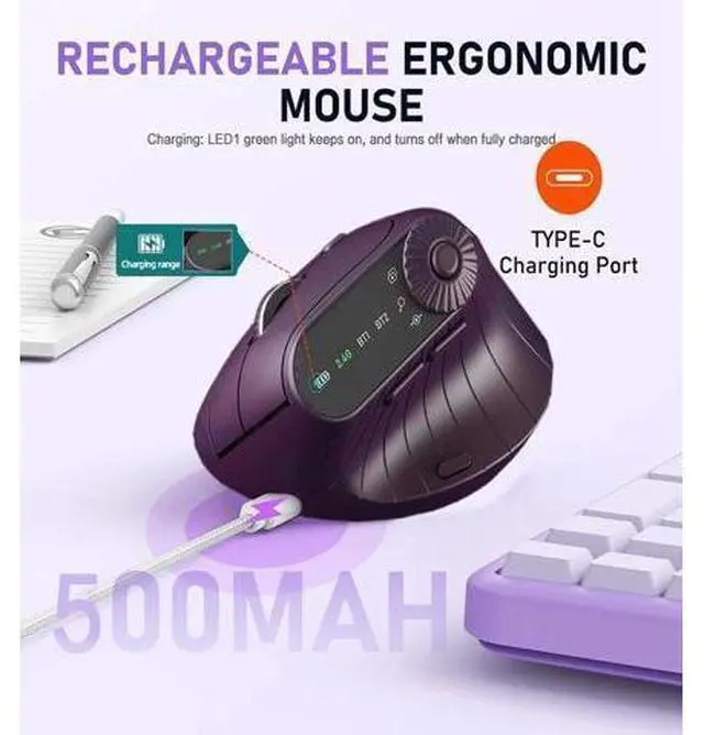 Alt view image 7 of 7 - Wireless 2.4G & Dual Bluetooth Three-Channel Ergonomic Vertical Mouse Adjustable DPI, Multi-Function Turntable for PC, Laptop, MacBook, Rechargeable (Purple)