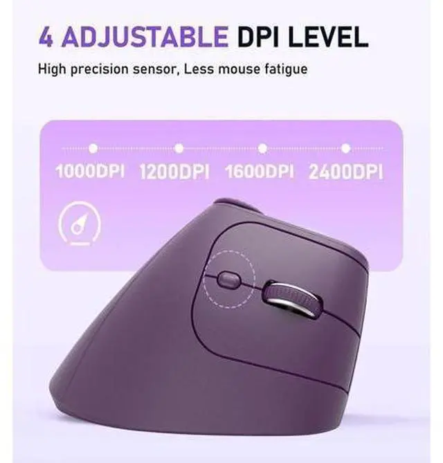 Alt view image 6 of 7 - Wireless 2.4G & Dual Bluetooth Three-Channel Ergonomic Vertical Mouse Adjustable DPI, Multi-Function Turntable for PC, Laptop, MacBook, Rechargeable (Purple)