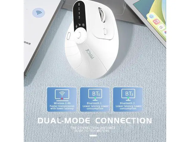 Alt view image 5 of 7 - Wireless 2.4G & Dual Bluetooth Three-Channel Ergonomic Vertical Mouse Adjustable DPI, Multi-Function Turntable for PC, Laptop, MacBook, Rechargeable (White)