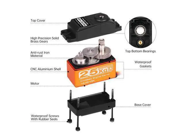 Alt view image 2 of 7 - Hiwonder 25KG Servo Motor Waterproof High Torque Servo, High-Speed Coreless Motor Full Metal Gear Steering Servo for 1/6 1/8 1/10 1/12 RC Robot, with 25T Servo Horn, Control Angle 270°