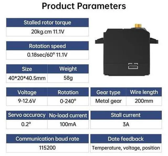 Alt view image 2 of 7 - 20KG High Torque Serial Bus Servo Three Channels Metal Gear 240°Rotation Support Temperature, Voltage and Position Feedback