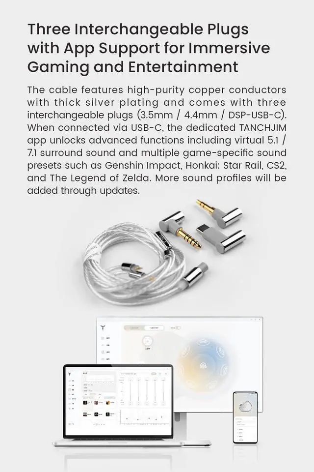 Alt view image 7 of 7 - FOLA Wired Gaming IEM without Mic, HiFi Earphone with HRTF Virtual 7.1/5.1 | Refined Vocals Instrument Details in Ear Monitor, Gaming Sound in APP, 3 Nozzles, 3.5/4.4mm/Type C, CNC Metal Housing