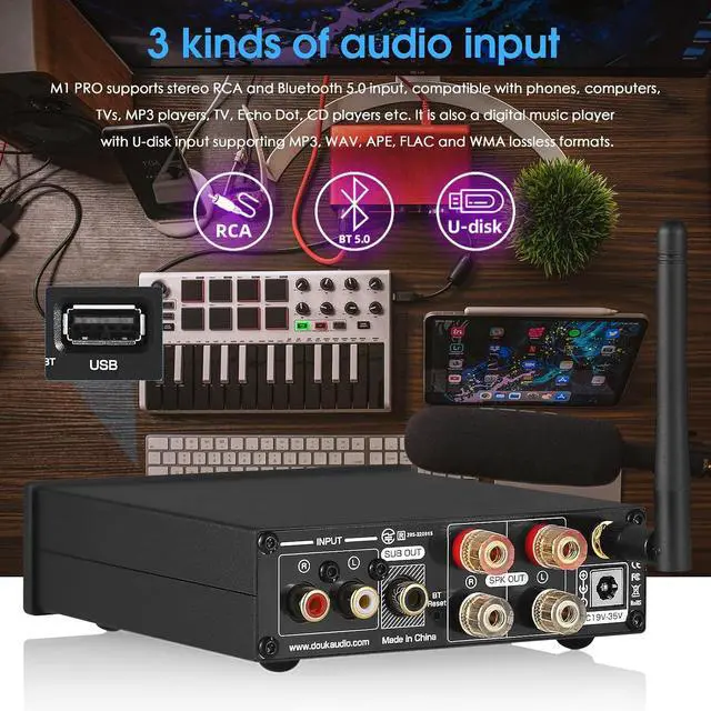 Alt view image 3 of 7 - M1 PRO 320W Bluetooth Power Amplifier, 2 Channel Audio Amp, Wireless Receiver, for Home Stereo Speakers/Active Subwoofer, with Treble & Bass Control/U-Disk Music Player
