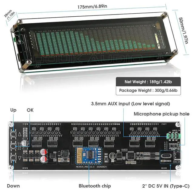 Alt view image 7 of 7 - VFD Audio Spectrum Analyzer: Sound Level Meter with MIC & Bluetooth Input and Advanced AGC - for Home Audiophiles & Studio Setups (AK2515 PRO V3)