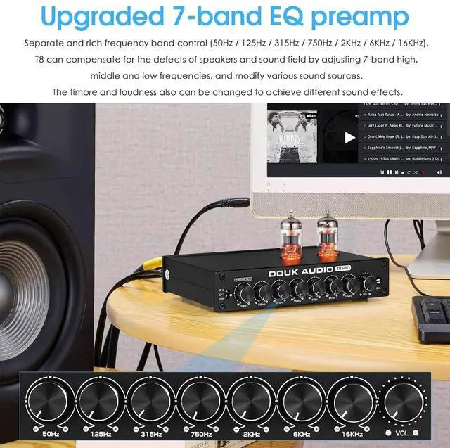 Alt view image 2 of 7 - Balanced EQ Preamp: 7-Band Equalizer - Vacuum Tube Preamplifier with XLR RCA Inputs & Outputs - for Home Stereo HiFi System, Amplifiers, Active Speakers (T8 PRO Black)
