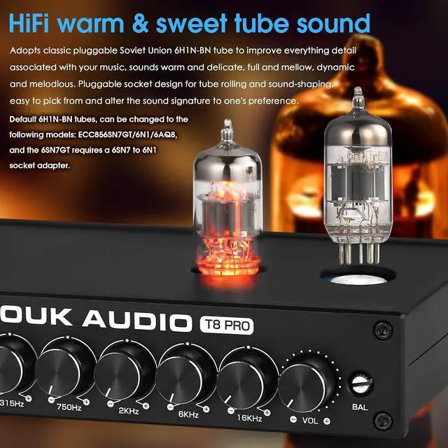 Alt view image 4 of 7 - Balanced EQ Preamp: 7-Band Equalizer - Vacuum Tube Preamplifier with XLR RCA Inputs & Outputs - for Home Stereo HiFi System, Amplifiers, Active Speakers (T8 PRO Black)