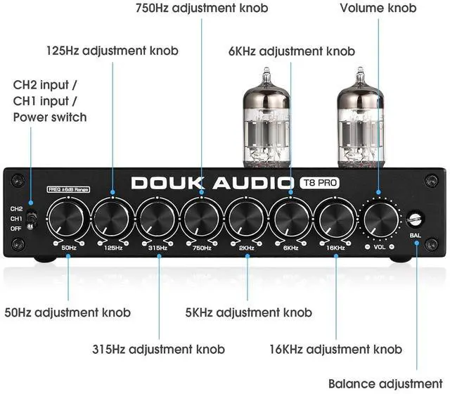 Alt view image 6 of 7 - Balanced EQ Preamp: 7-Band Equalizer - Vacuum Tube Preamplifier with XLR RCA Inputs & Outputs - for Home Stereo HiFi System, Amplifiers, Active Speakers (T8 PRO Black)