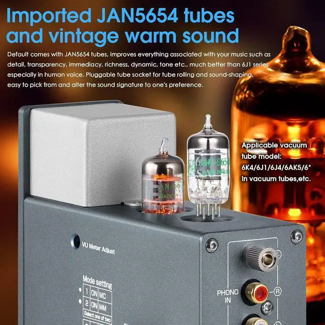 Alt view image 4 of 7 - T4 Plus Vacuum Tube Phono Preamp + Matched GE JAN 5654W Tubes Bundle | Vinyl Preamp & Tube Upgrade Kit with VU Meter & Headphone Amp
