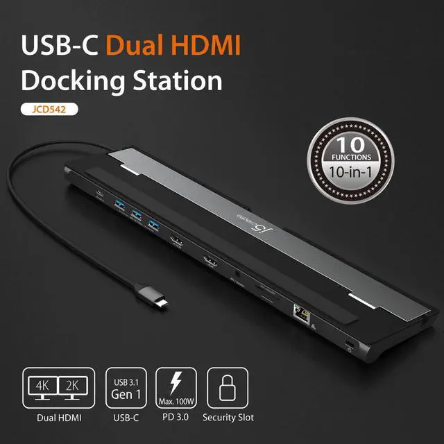 Alt view image 6 of 7 - USB-C Dual HDMI Docking Station (10-in-1), 4K + 1080p Dual HDMI Display, 5Gbps USB-A x3, SD Card Reader, PD 100W, RJ45 Ethernet, Combo Audio Jack, for MacBook and Windows Laptop (JCD542)