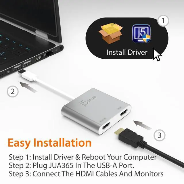 Alt view image 6 of 7 - USB to HDMI Adapter - Dual HDMI USB 3.0 Multi-Monitor Cable | 4K + 1080p | Compatible with Windows and macOS (JUA365)