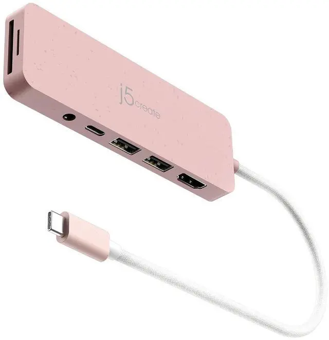 Main image of USB-C Pink Multi-Port Hub with Power Delivery with 4K HDMI/2 USB-A 5Gbps/PD 100W Charging SD&Micro SD/3.5mm Audio | for MacBook/iPad Pro/iMac/Surface/XPS/Thinkpad/Galaxy/and More(JCD373ER)