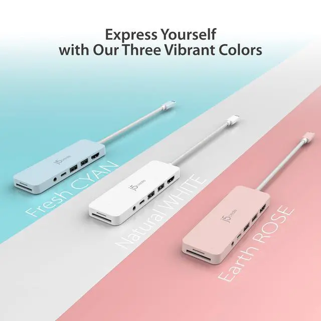 Alt view image 7 of 7 - USB-C Pink Multi-Port Hub with Power Delivery with 4K HDMI/2 USB-A 5Gbps/PD 100W Charging SD&Micro SD/3.5mm Audio | for MacBook/iPad Pro/iMac/Surface/XPS/Thinkpad/Galaxy/and More(JCD373ER)