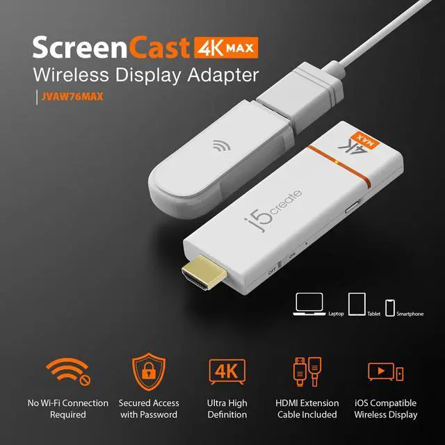 Alt view image 2 of 7 - ScreenCast 4K Max Wireless Display Adapter with Enhanced Antenna, Streaming Video & Audio from Mobile/Tablet/Laptop, Supports AirPlay/Miracast/Chromecast on Windows/MacOS/Android (JVAW76MAX)