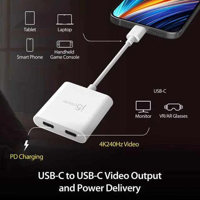 Alt view image 2 of 7 - AR Glasses USB-C Video and Charging Adapter, Support 4K@240Hz, up to 100W PD Pass Through Charging, for XREAL, Viture, Rokid, Steam Deck, ROG Ally, Switch, iPhone 17/16/15 (JCA164)