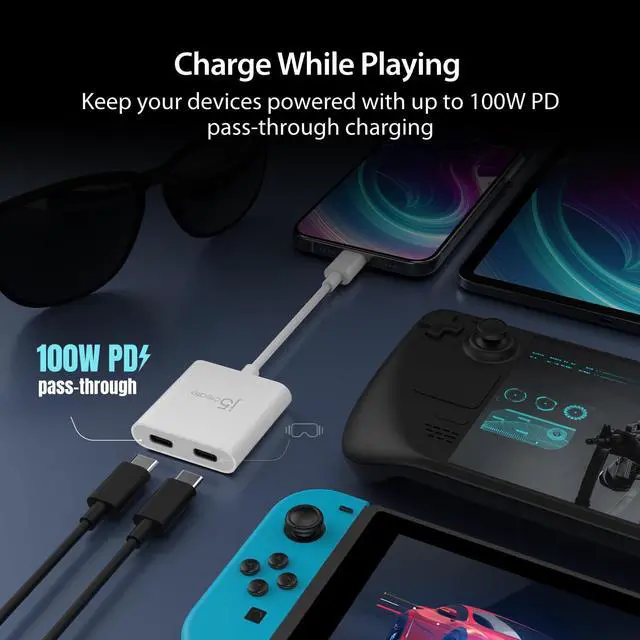 Alt view image 4 of 7 - AR Glasses USB-C Video and Charging Adapter, Support 4K@240Hz, up to 100W PD Pass Through Charging, for XREAL, Viture, Rokid, Steam Deck, ROG Ally, Switch, iPhone 17/16/15 (JCA164)