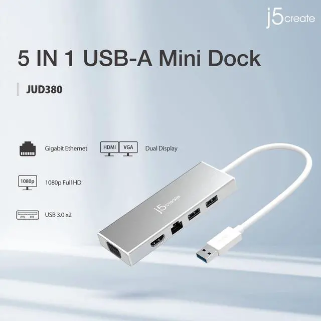 Alt view image 3 of 7 - USB 3.0 Hub with HDMI, VGA, RJ45 Gigabit Ethernet, 2 USB 3.1 Type-A Ports - High Speed Data Transfer Adapter for Mac, Windows, Desktop PC - Supports Up to 2K Resolution (JUD380)